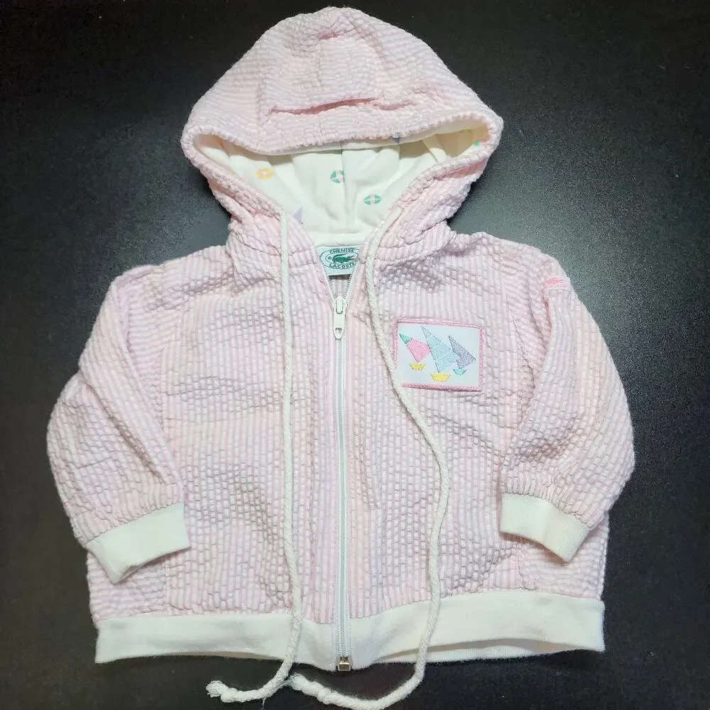 Lacoste Seersucker Jacket Size 12-24 Mths Pink Zip Up Hooded Cotton Vintage 80s